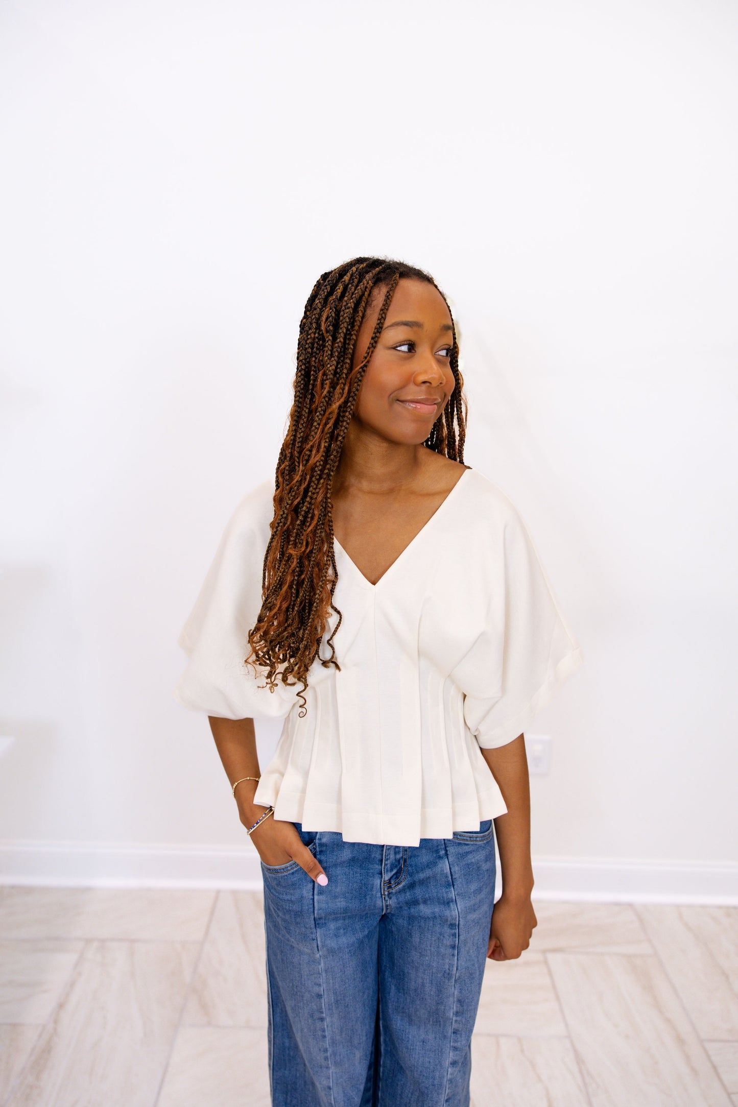 Short Dolman Sleeve Top Featuring V-Neck  - Cream
