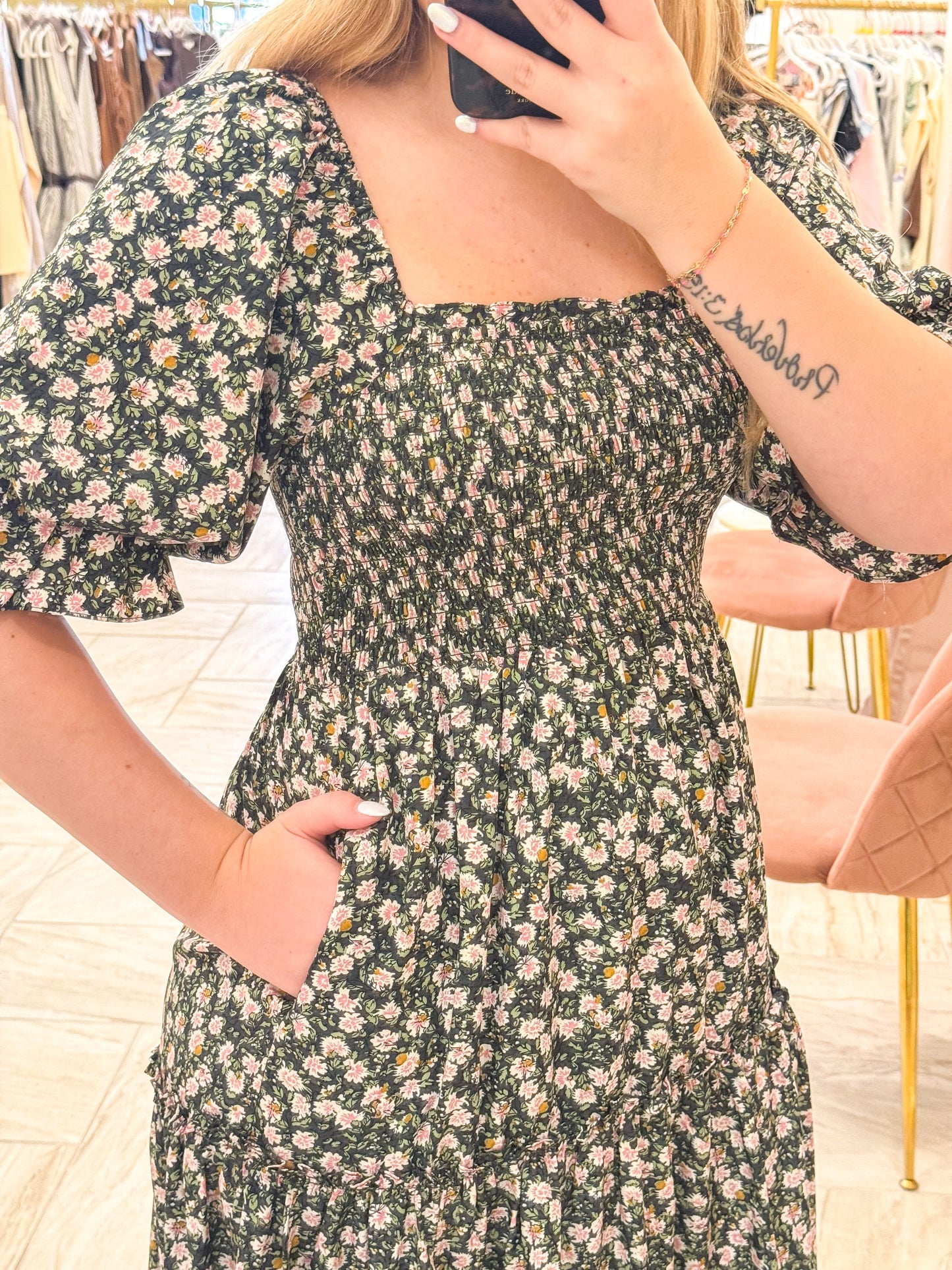 Floral Smocked Midi Dress With Tiered Ruffles