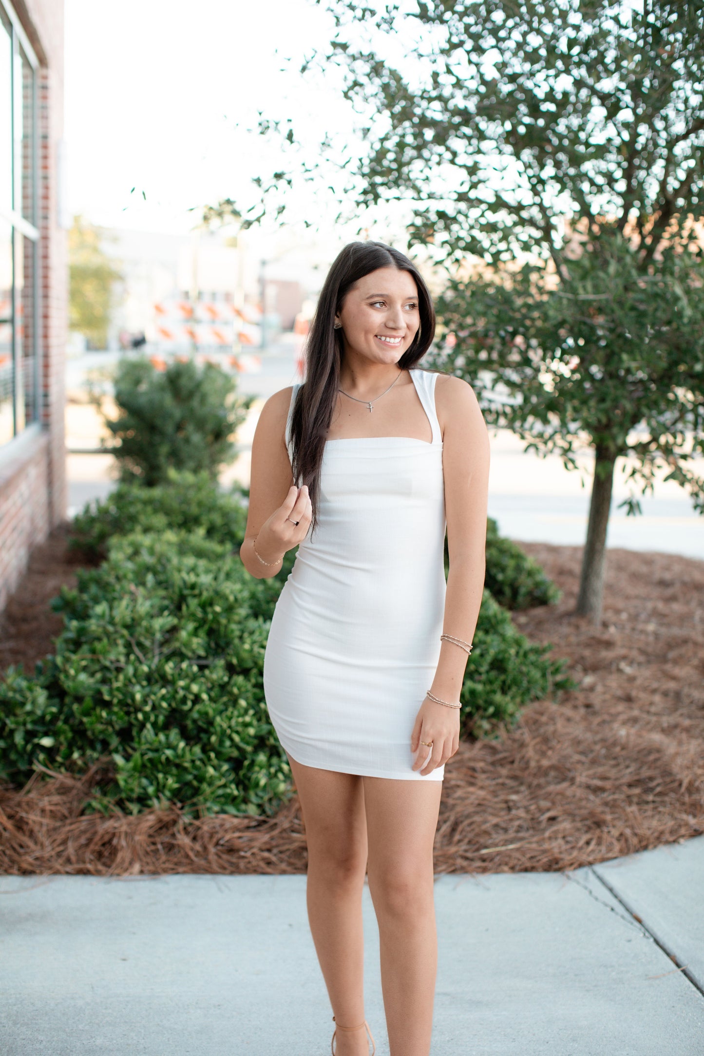 Pleated Cowl Neck Bodycon Mini Dress-Off White