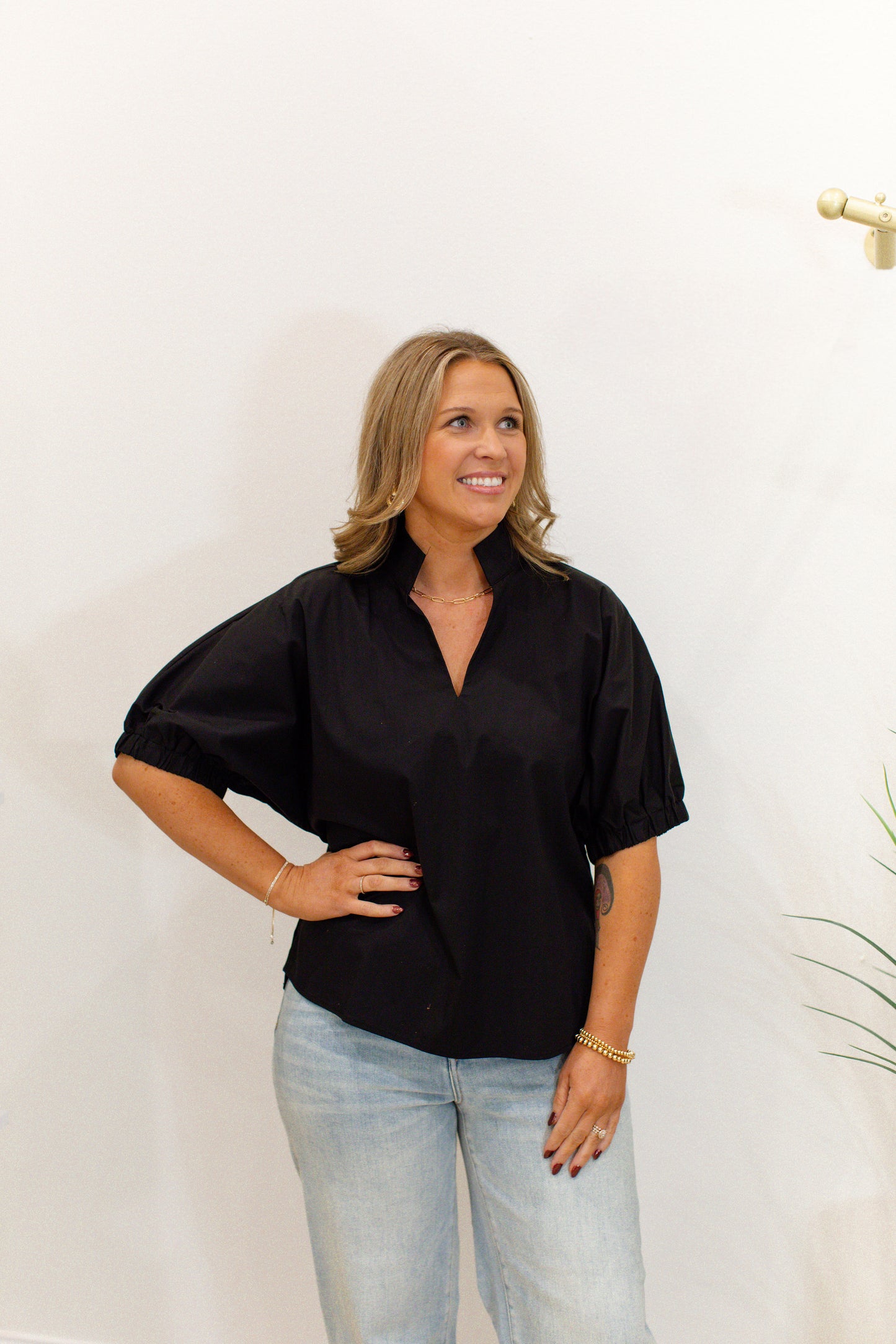 Black Puff Sleeve Top With Standing Collar