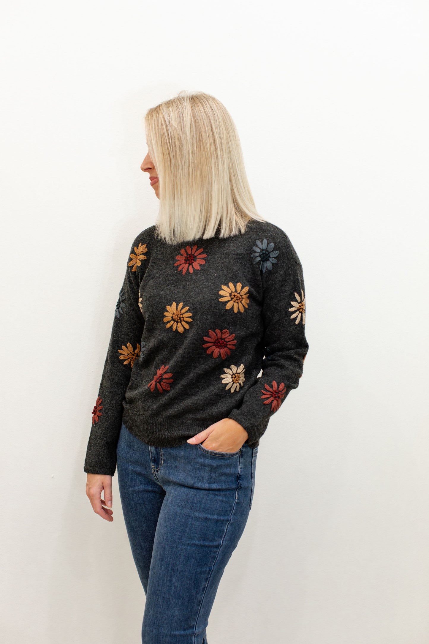 Charcoal Mock Neck Sweater With Floral Embroidery
