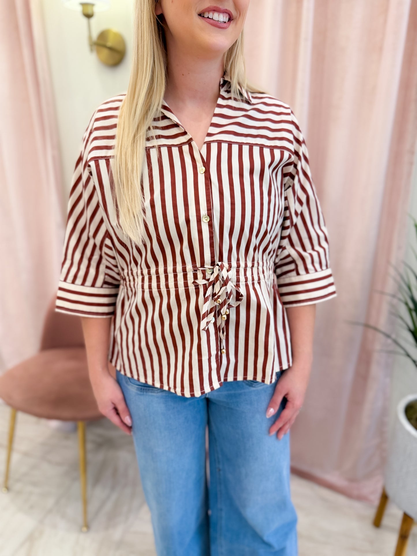 Stripe 3/4 V-Neck Sleeve Top