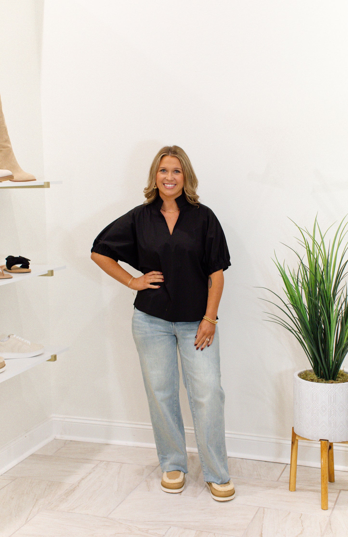 Black Puff Sleeve Top With Standing Collar