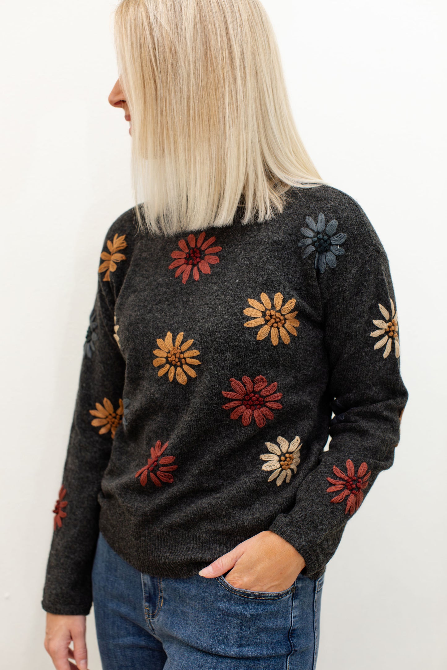 Charcoal Mock Neck Sweater With Floral Embroidery