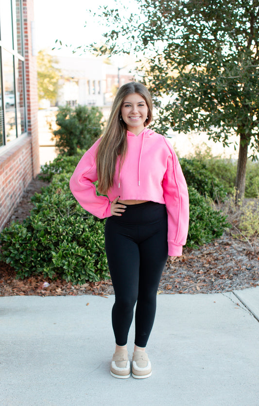 Pink Loose Fit Cropped Hoodie Sweatshirt