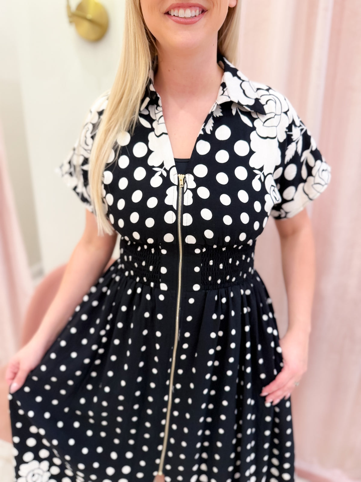 Polka Dot And Floral Print Short Sleeve Midi Dress