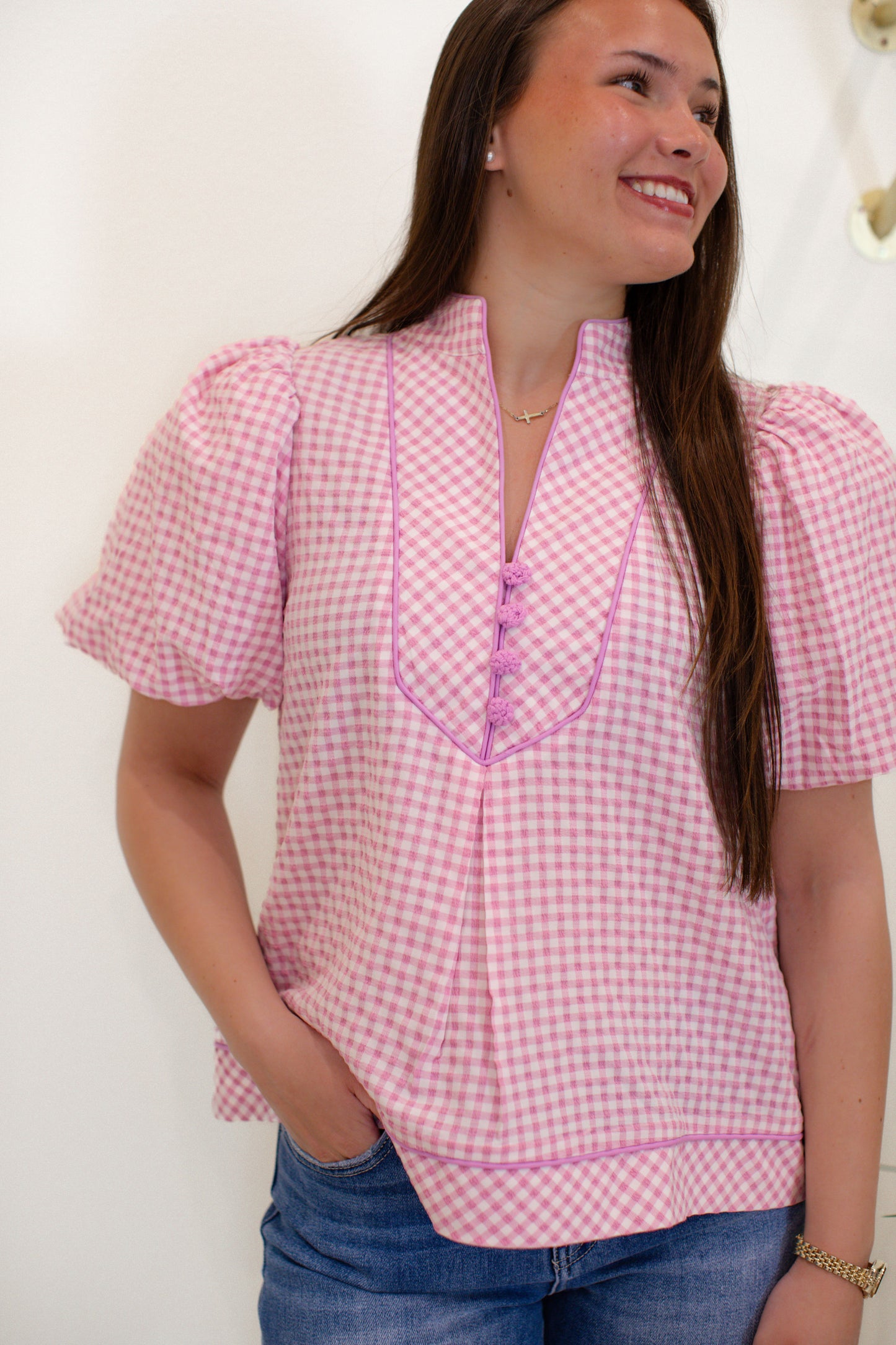 Baby Pink Gingham Puff Sleeve Top