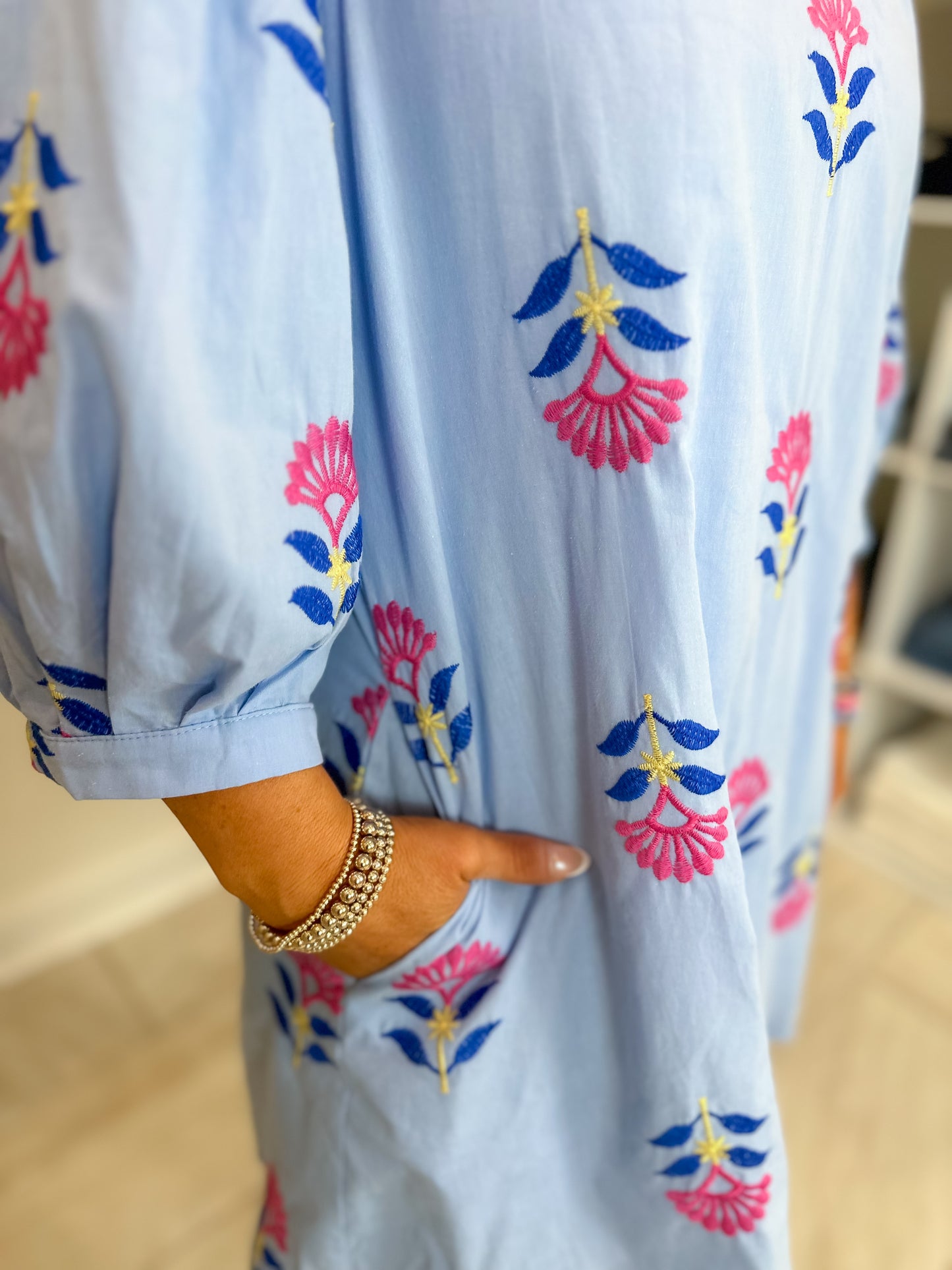 Embroidered 3/4 Puff Sleeve Mini Dress Featuring Split V-neck Band Collar