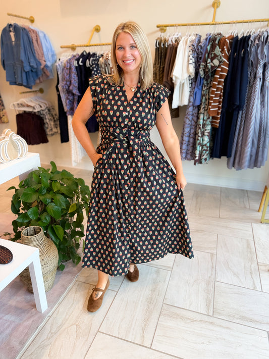 Floral Print Sleeveless Midi Dress - Black