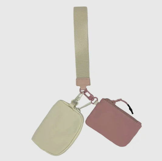 Cream/ Mauve Wristlet Key Chain Double Pouch