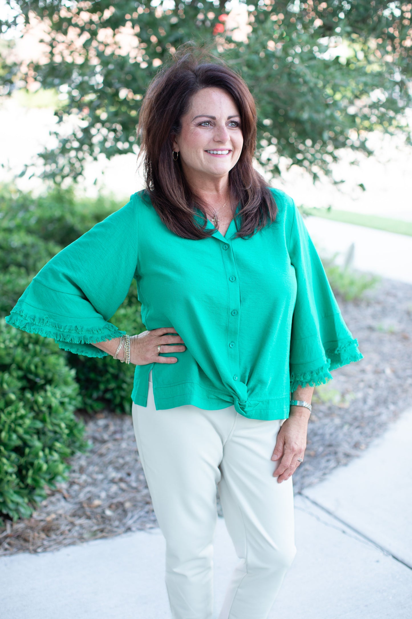 Button Down Collared Top-Emerald Green