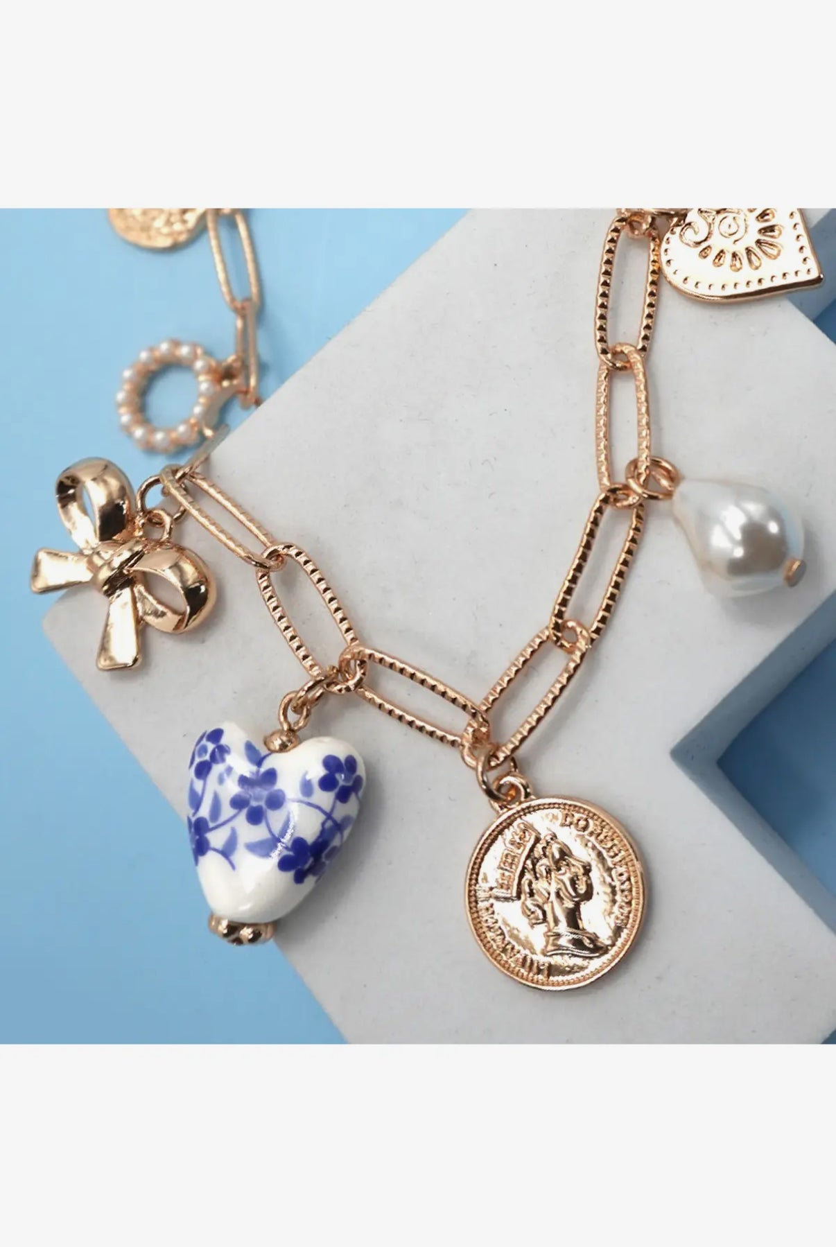 Ceramic Porcelain Bow Heart Charm Link Necklace