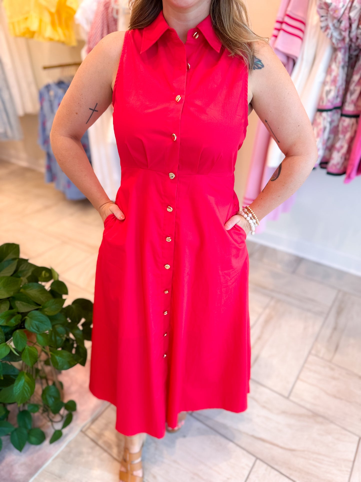 Sleeveless Midi Dress - Red