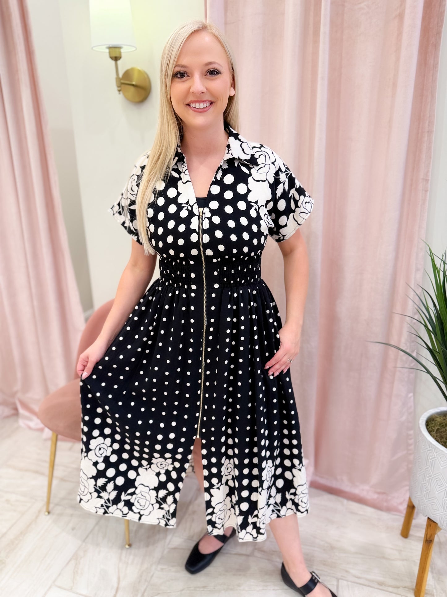 Polka Dot And Floral Print Short Sleeve Midi Dress