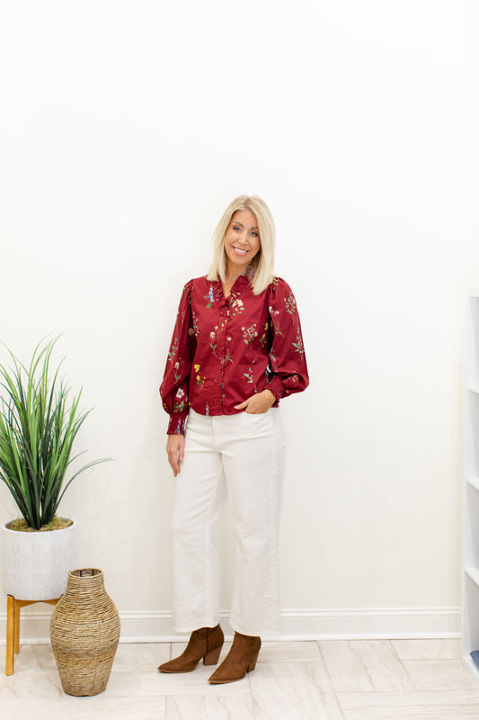 Burgundy Floral Button Down Long Sleeve Top