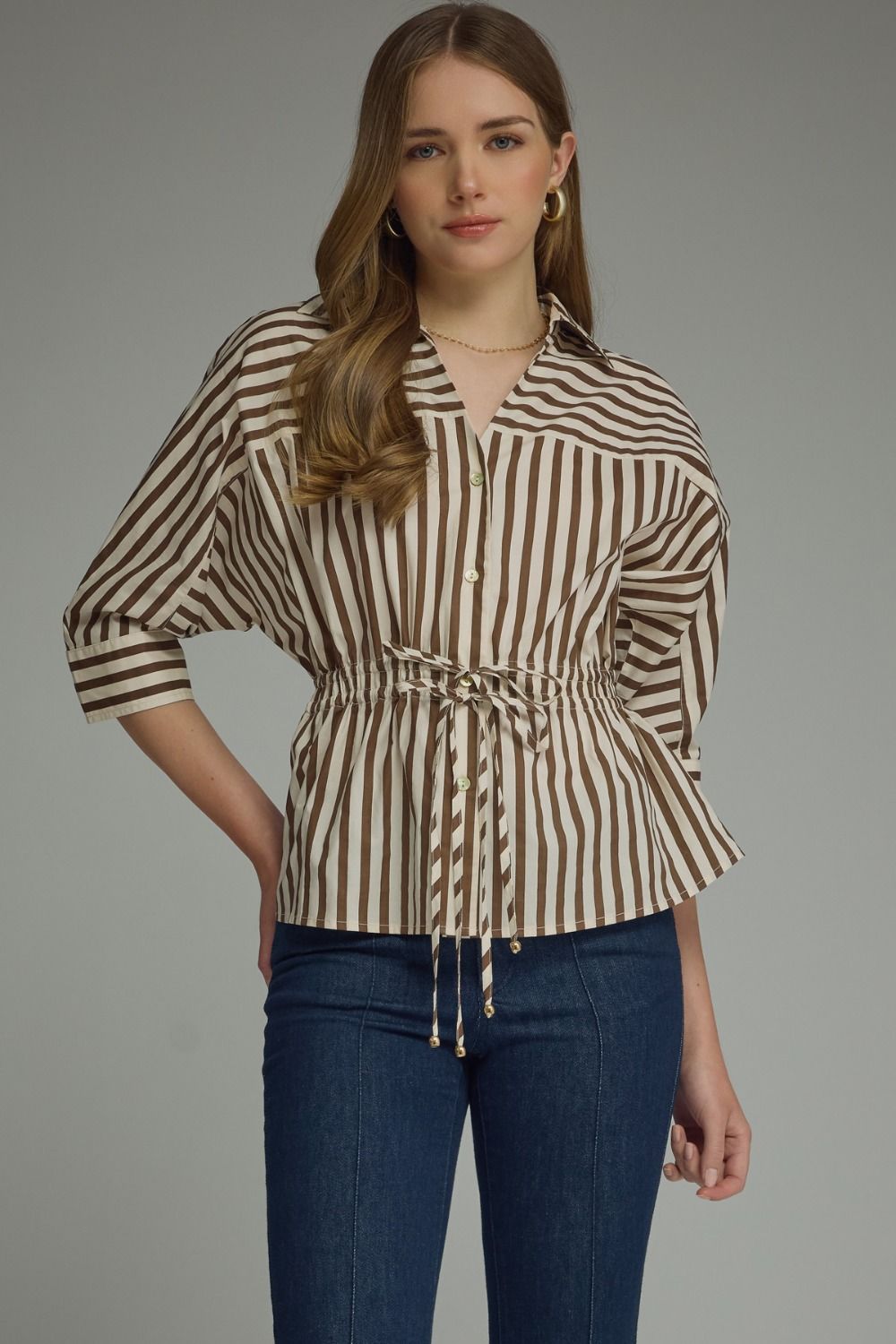 Stripe 3/4 V-Neck Sleeve Top
