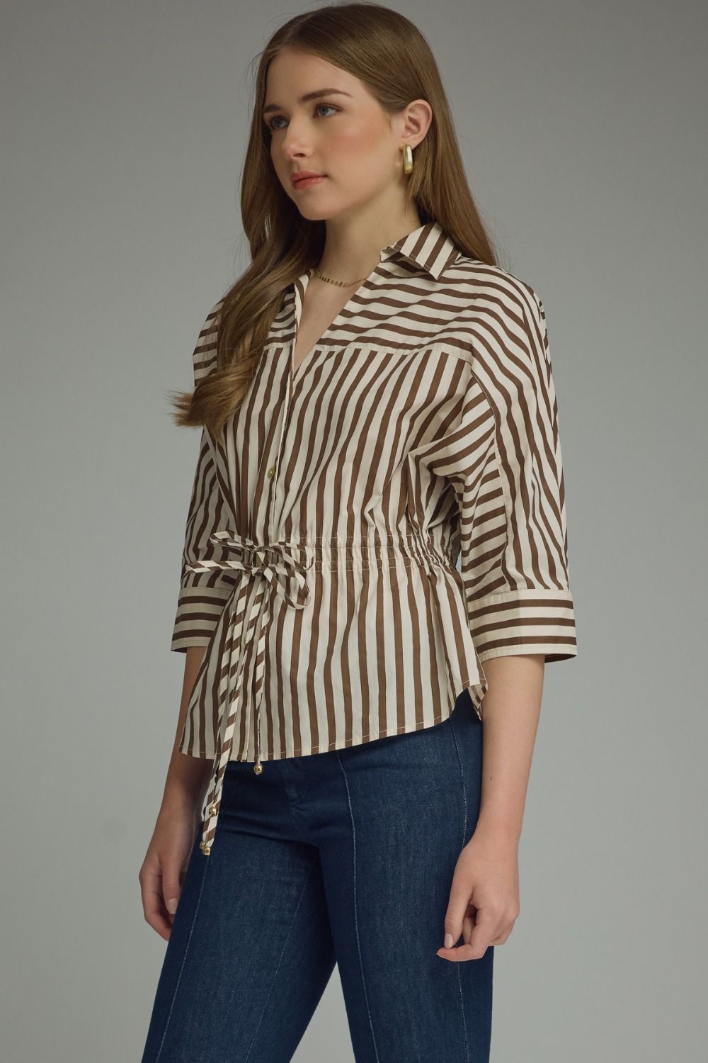 Stripe 3/4 V-Neck Sleeve Top