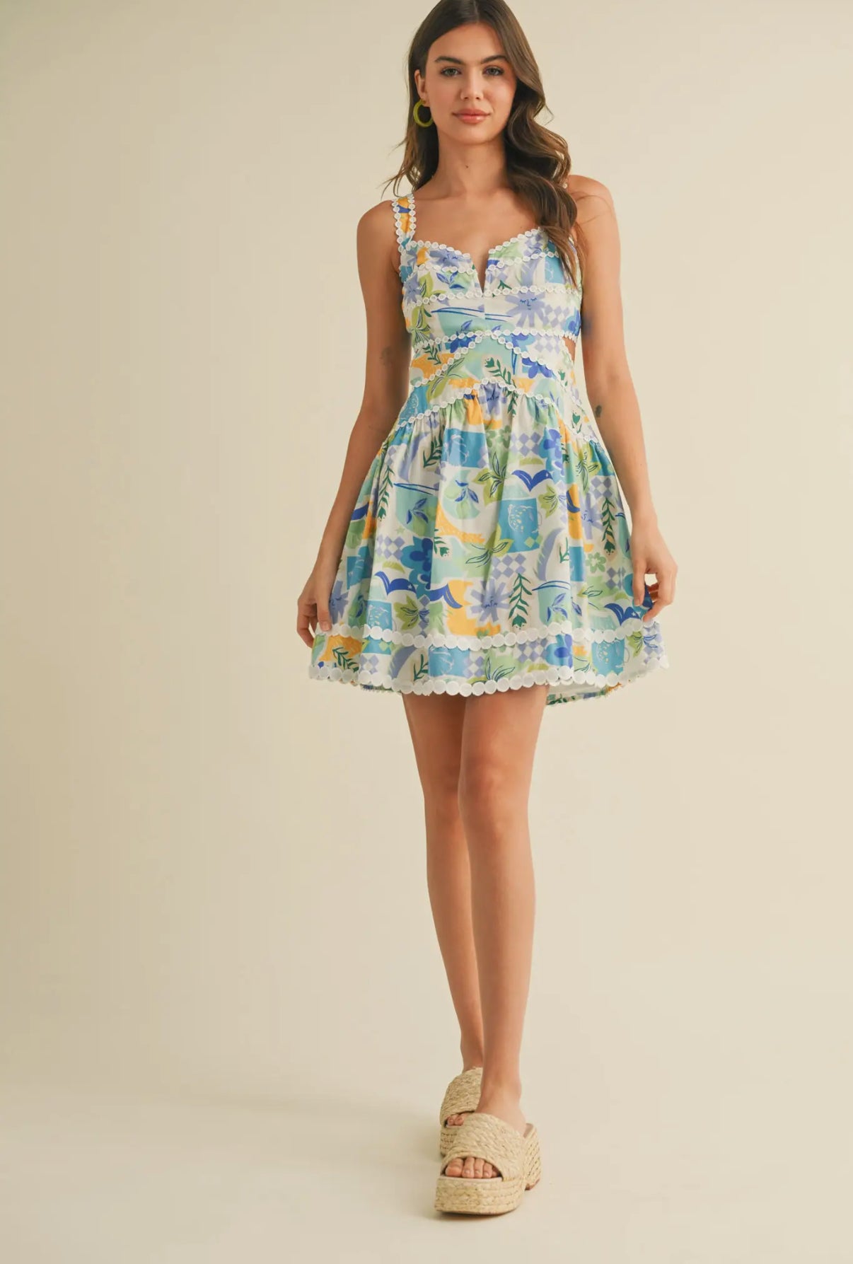 Blue Multi Cut Out Lace Trim Mini Dress
