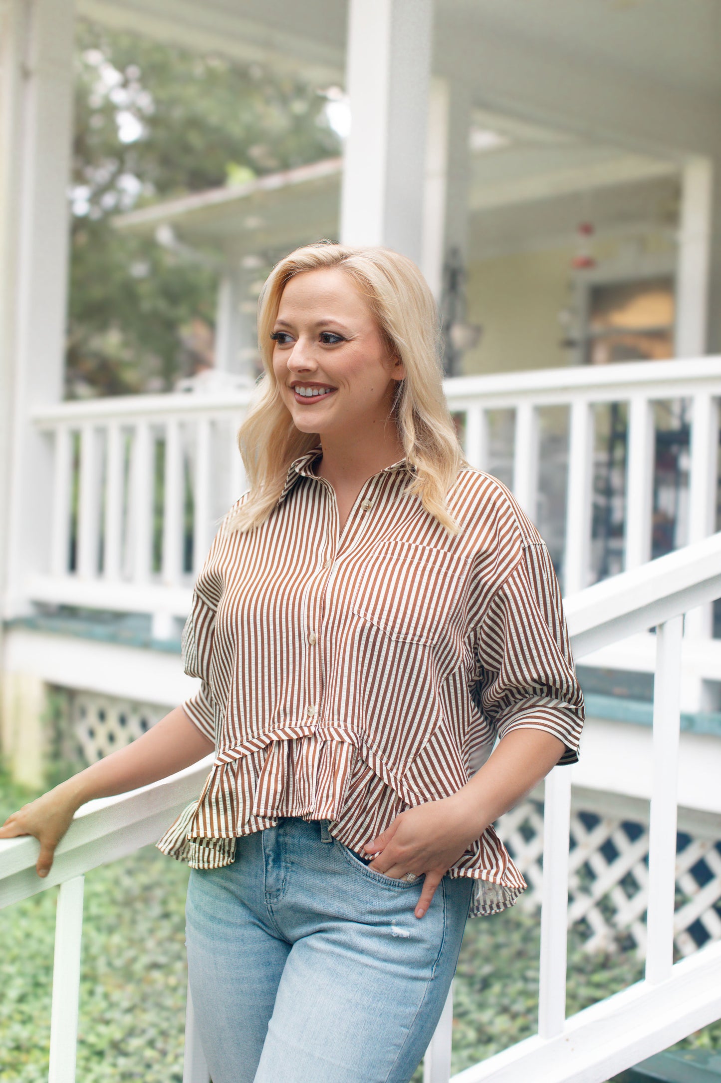 Brown Stripe Collard Ruffle Hem Top