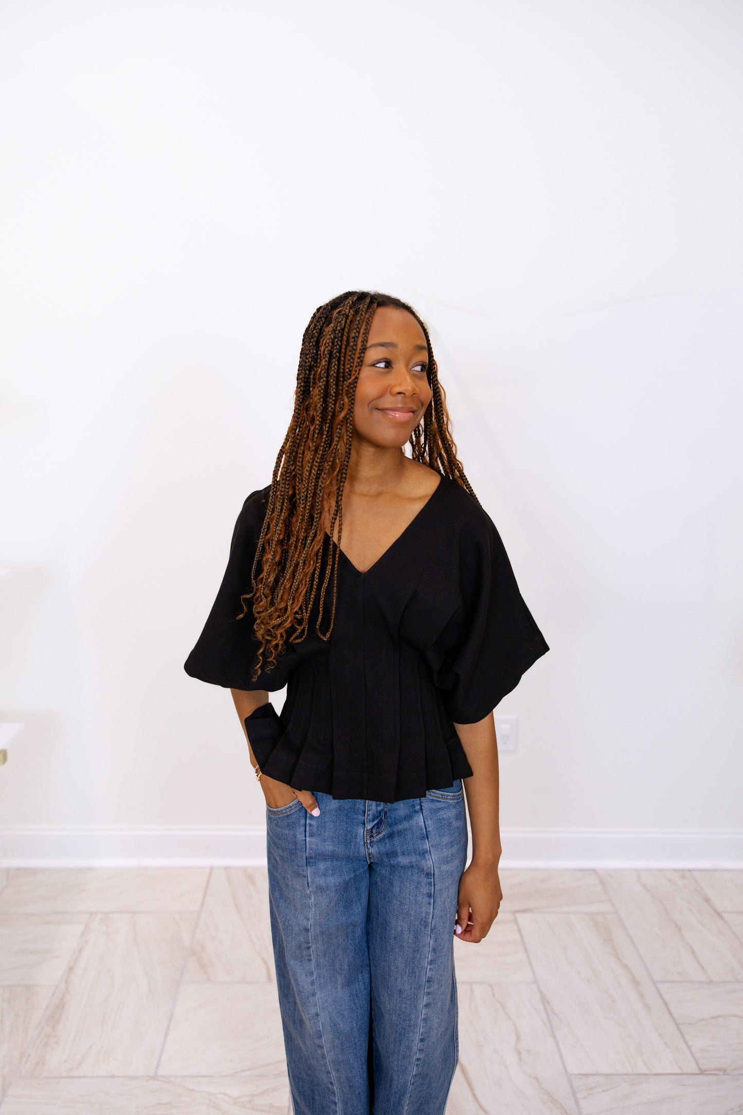 Short Dolman Sleeve Top Featuring V-Neck - Black
