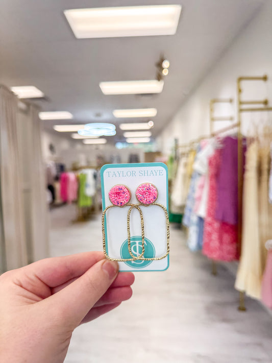Glitter Top Baby Pink Rectangle Hoops