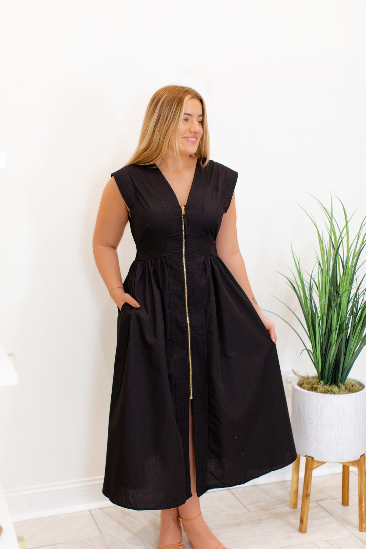 Black V-Neck Zip Up Midi Dress