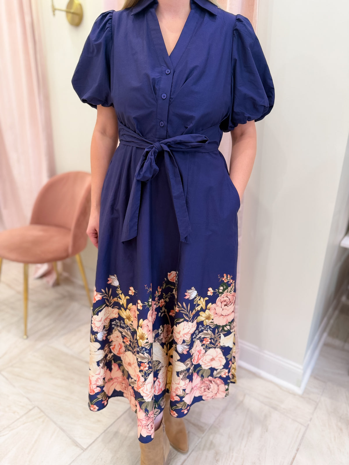 Navy Maxi Dress With Floral Details