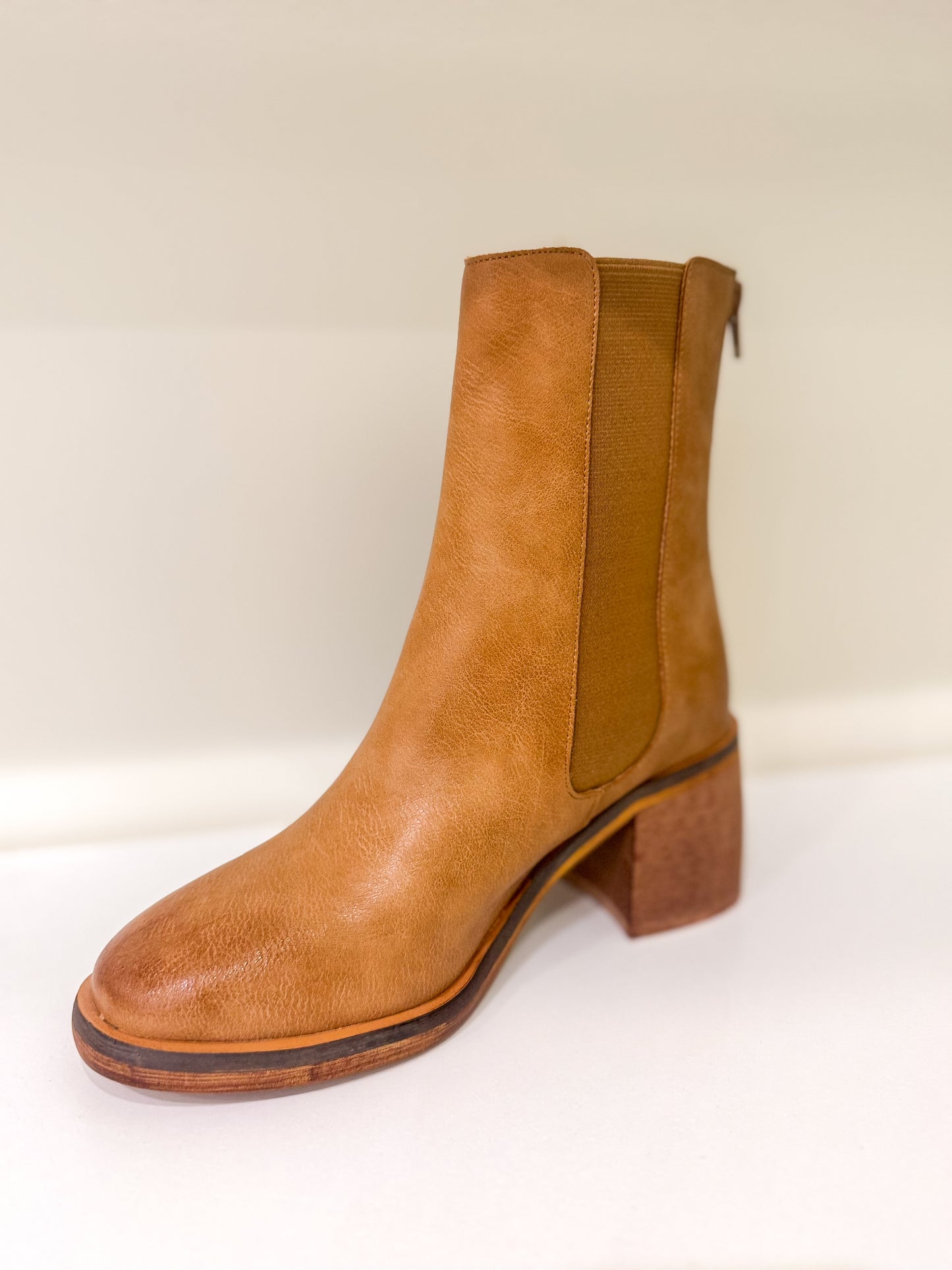The Olivia Caramel Chelsea Heel Boots