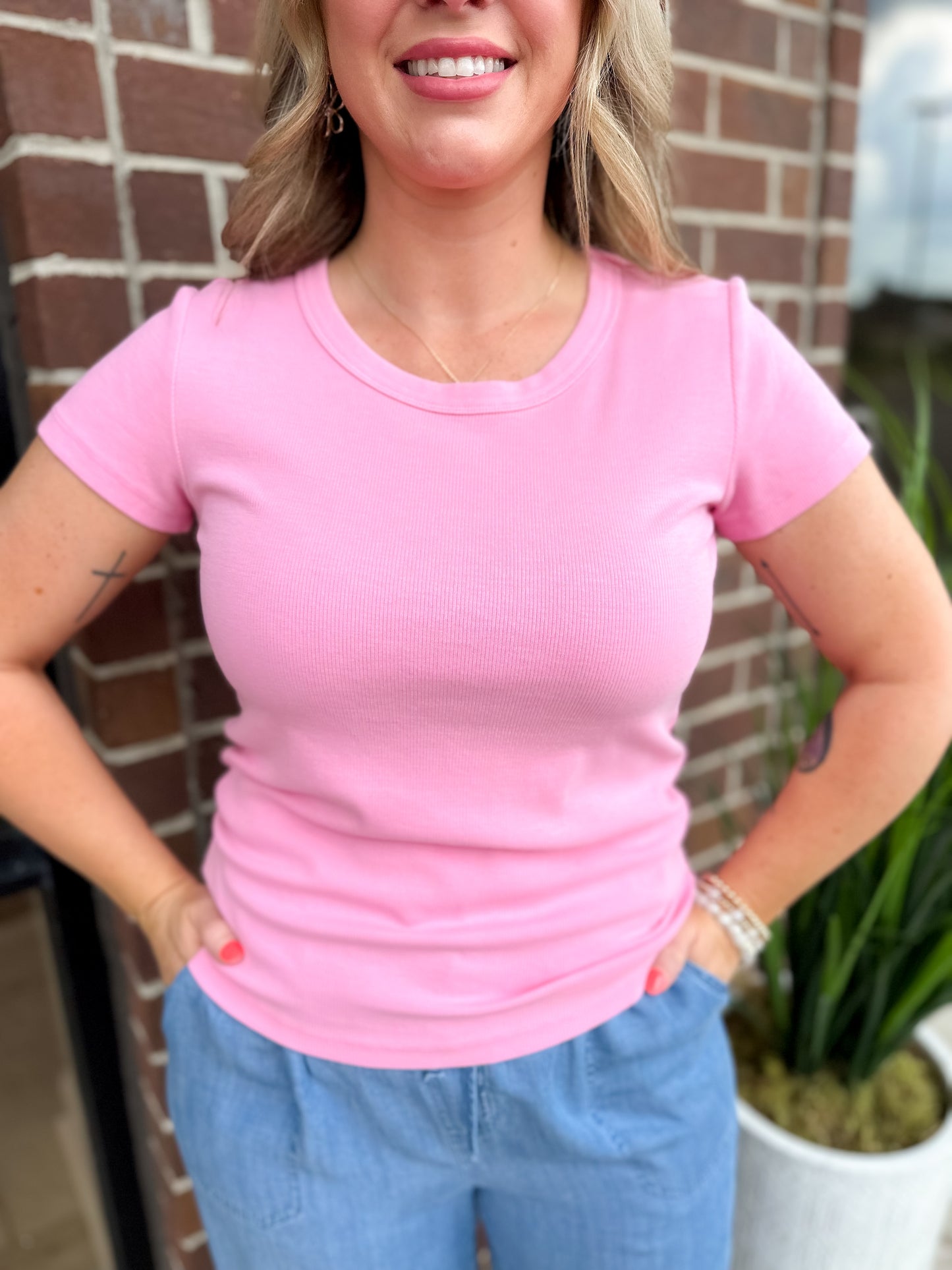 Tencel Rib Crew Neck T-Shirt - Pink