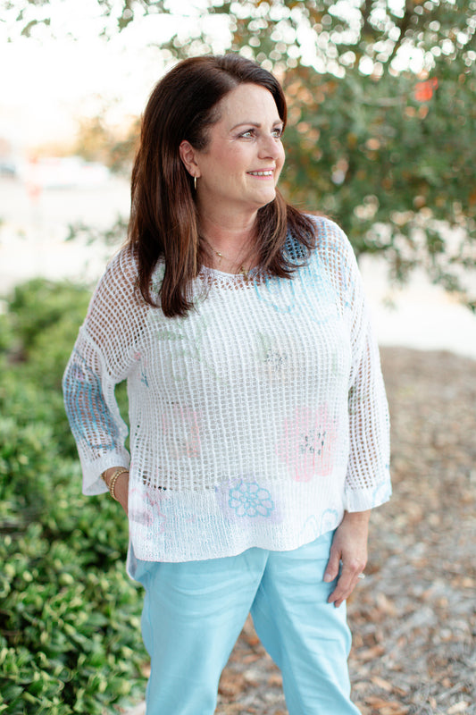 V-Neck Printed Fishnet Sweater-Watercolor