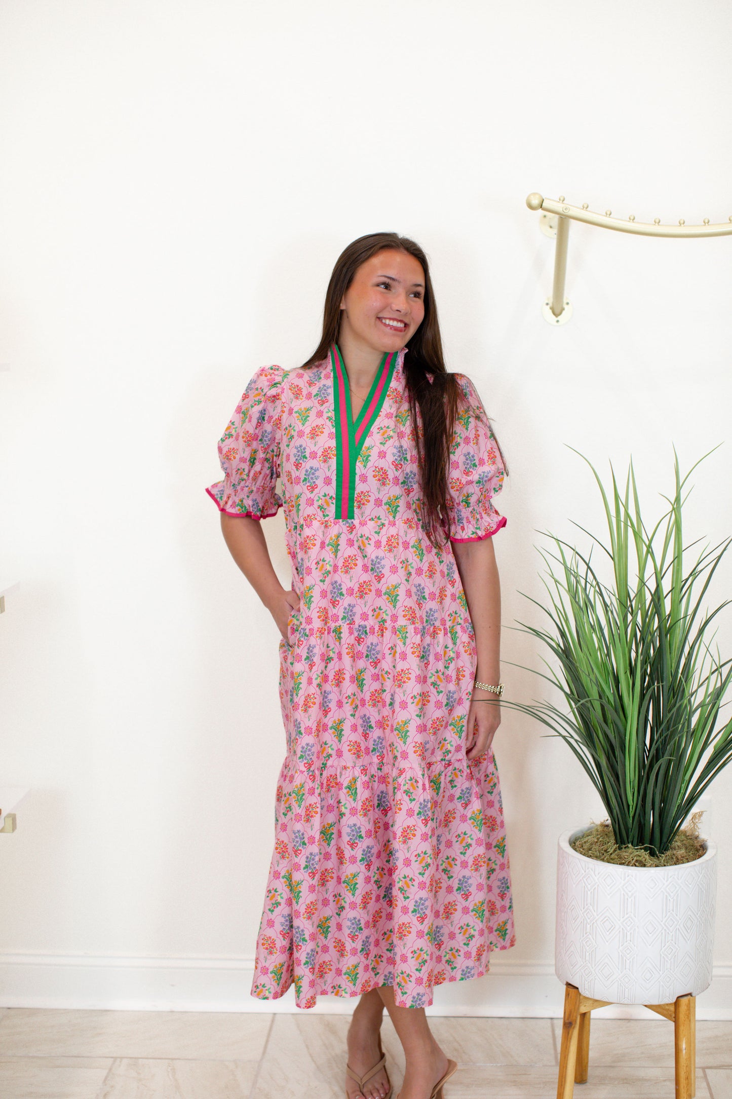 Floral Print Puff Sleeve Midi Dress