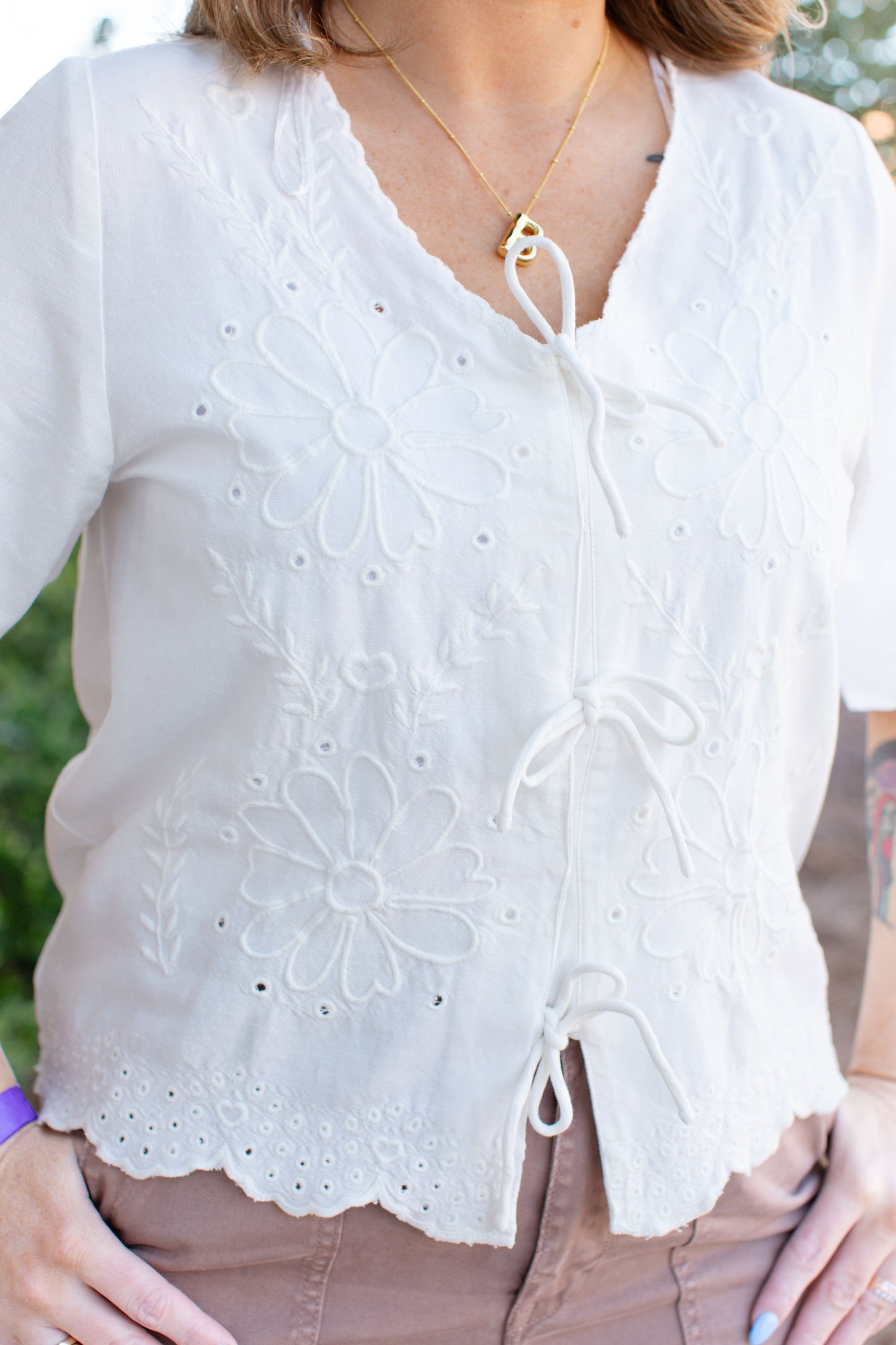 V-Neck Cardigan with Self Ties-White