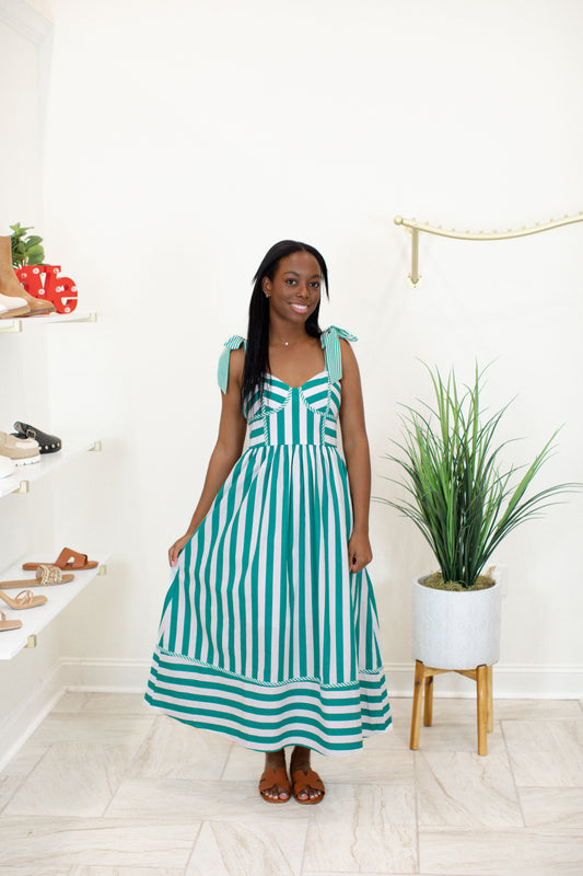Green Stripe Sleeveless Midi Dress