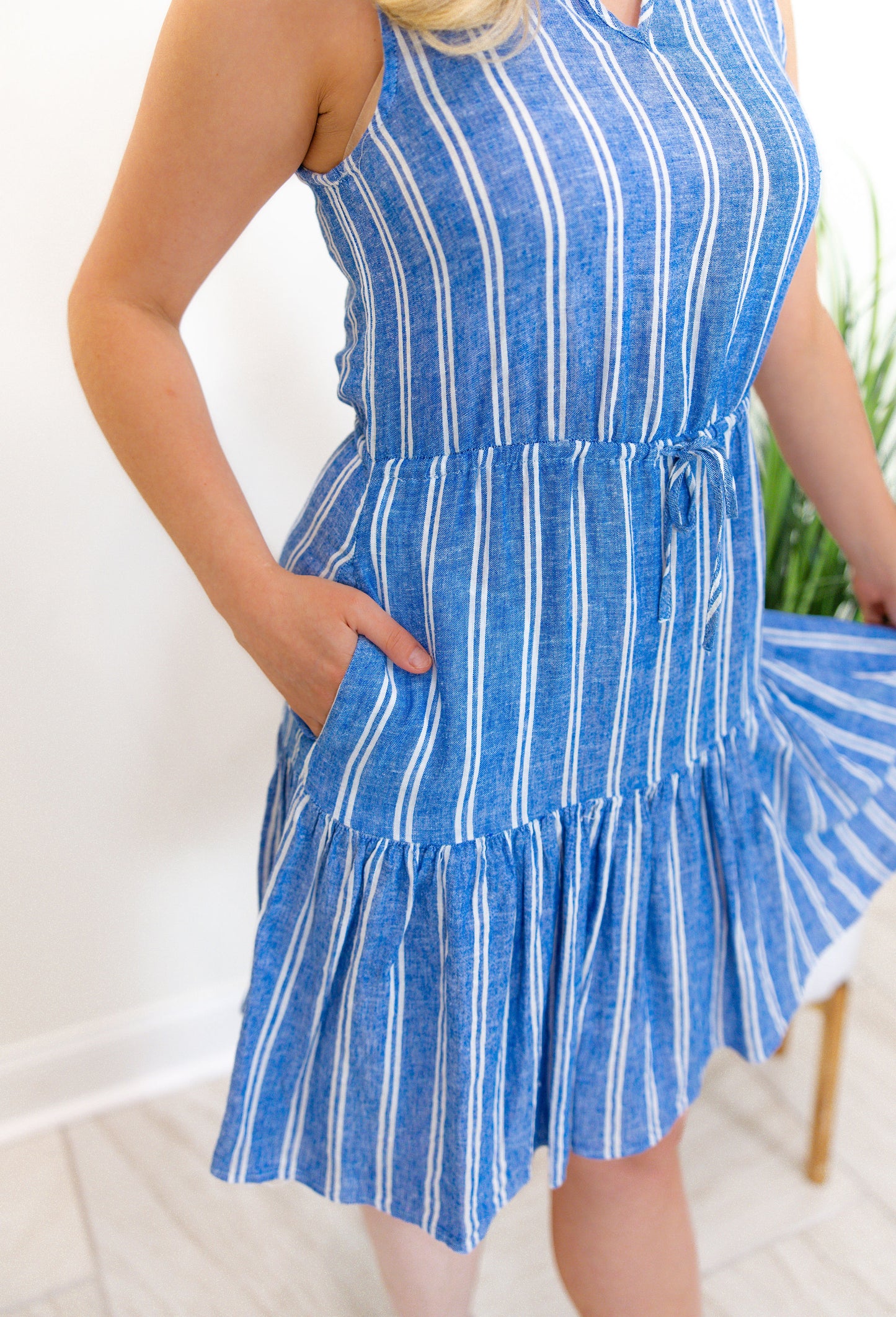 Striped Sleeveless Dress With Ruffle Neck Detail