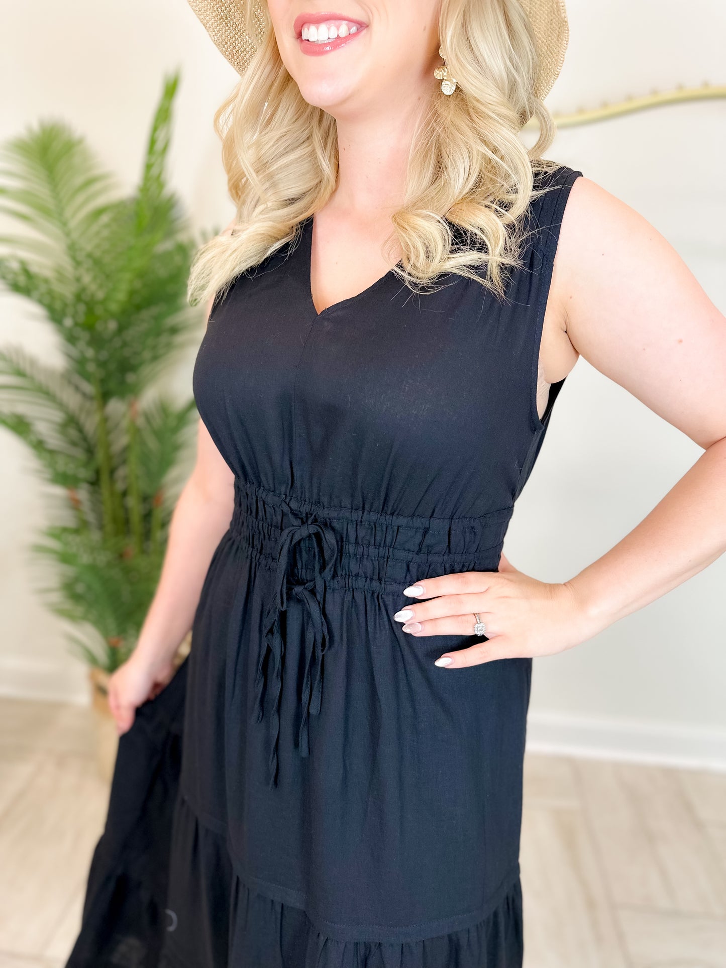 V-Neck Multi-Tiered Long Linen Dress-Black