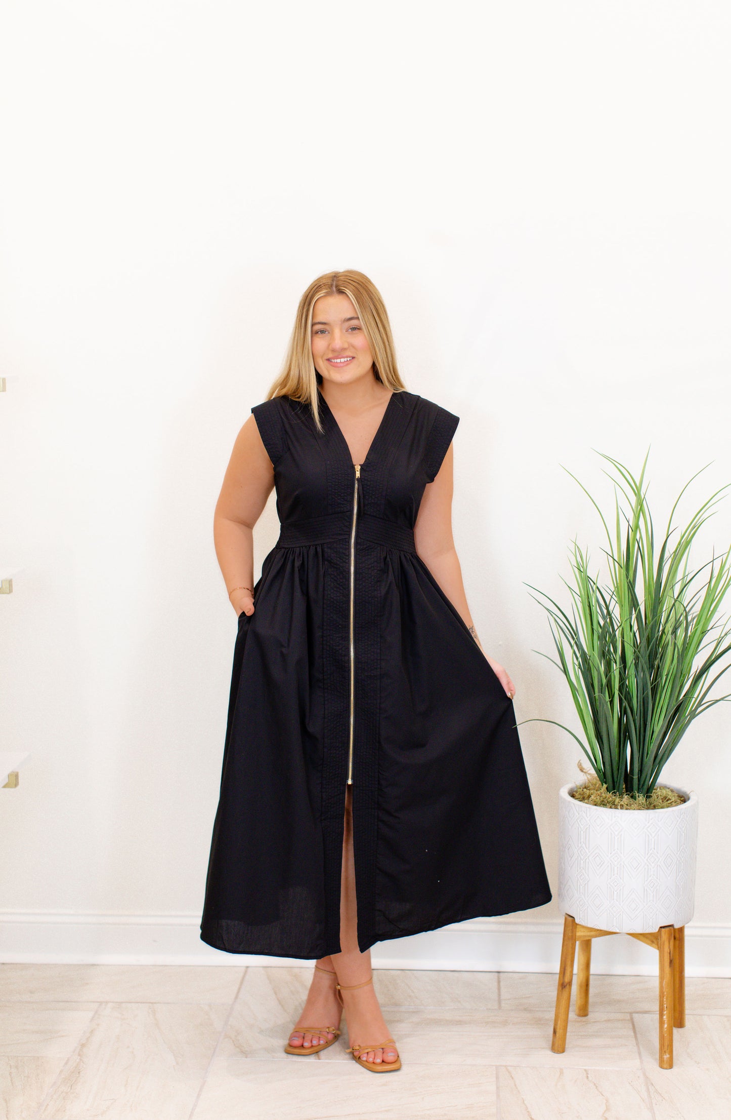 Black V-Neck Zip Up Midi Dress
