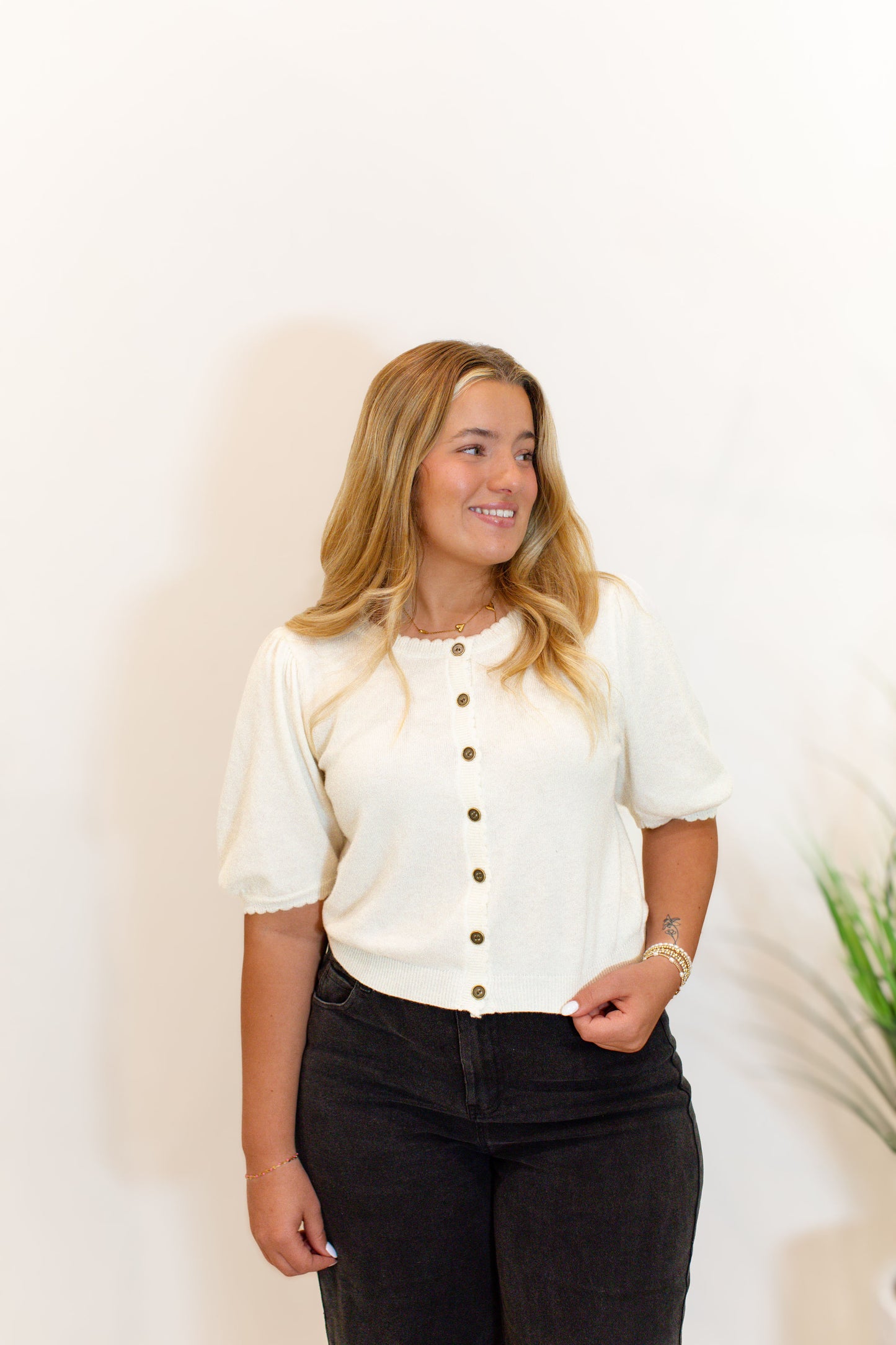 Puff Short Sleeve Button Down Knit Cardigan