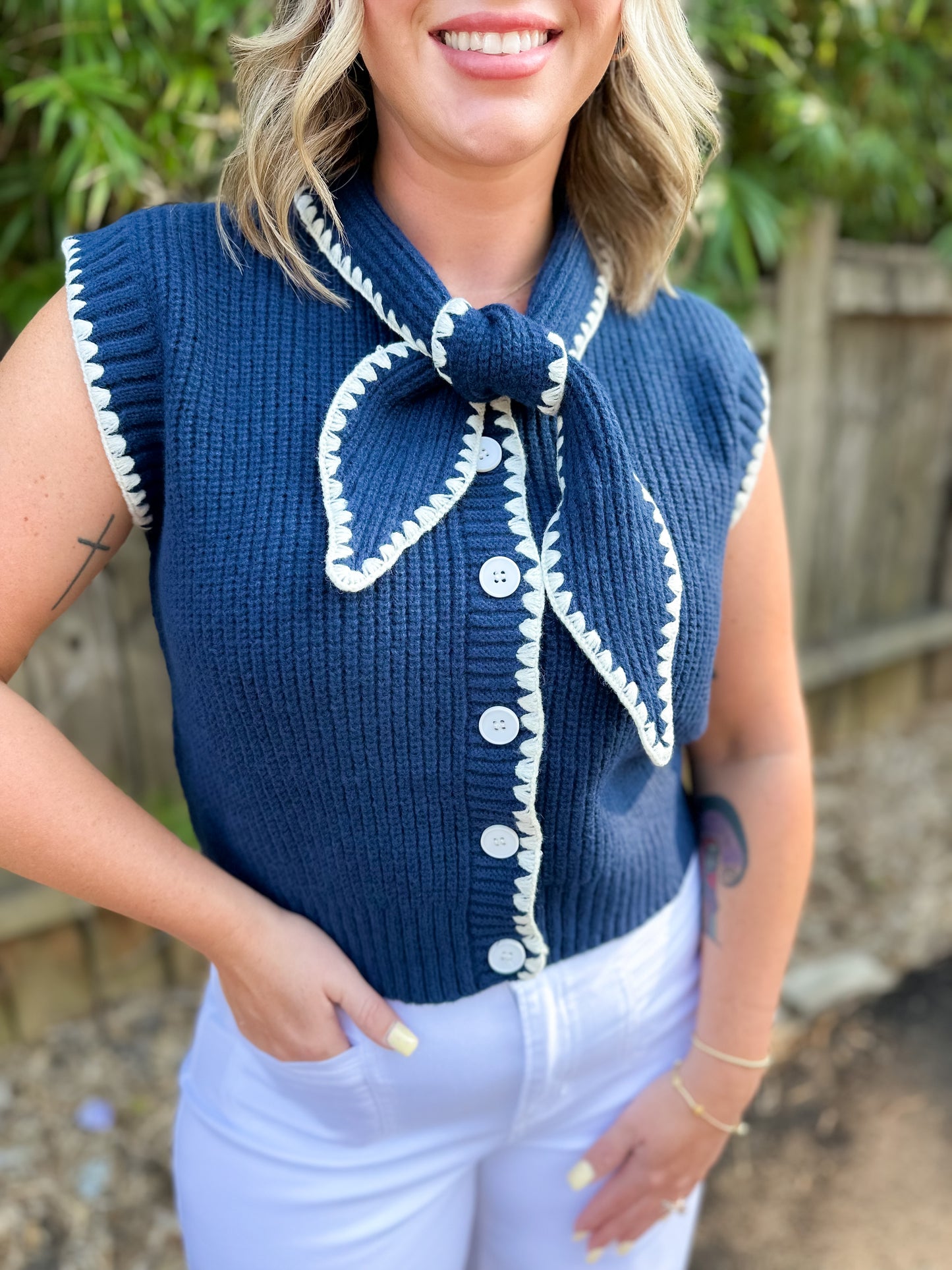 Tie Neck Sweater Vest With Contrast Stitching
