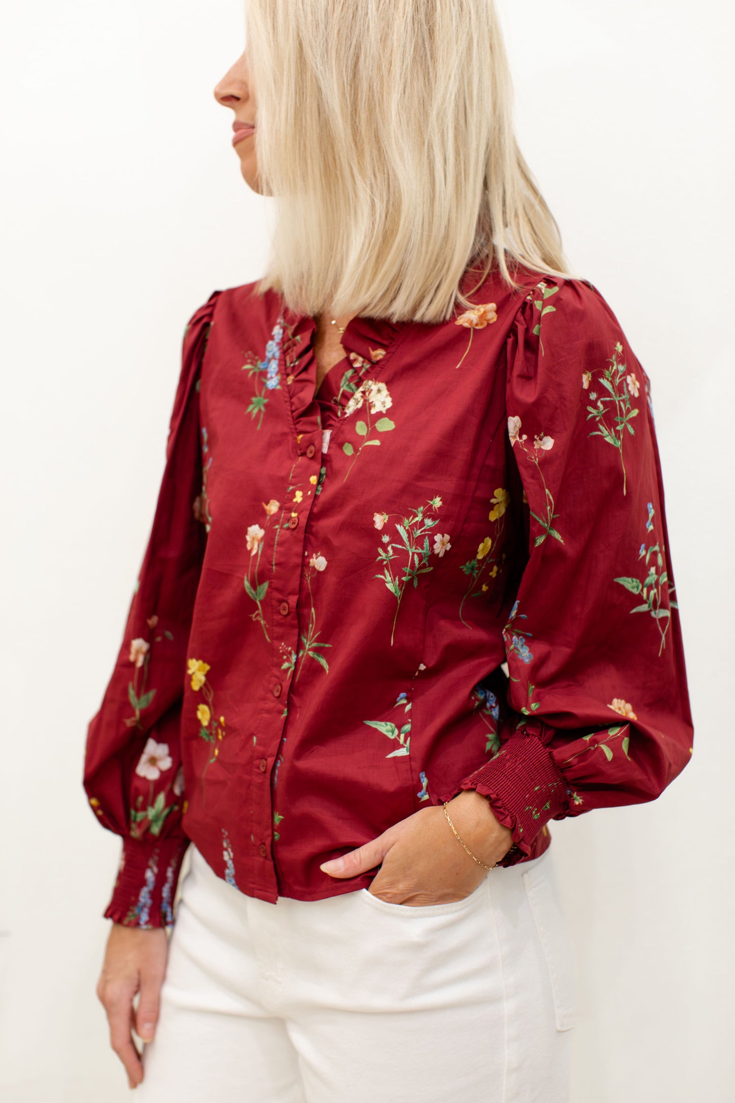 Burgundy Floral Button Down Long Sleeve Top