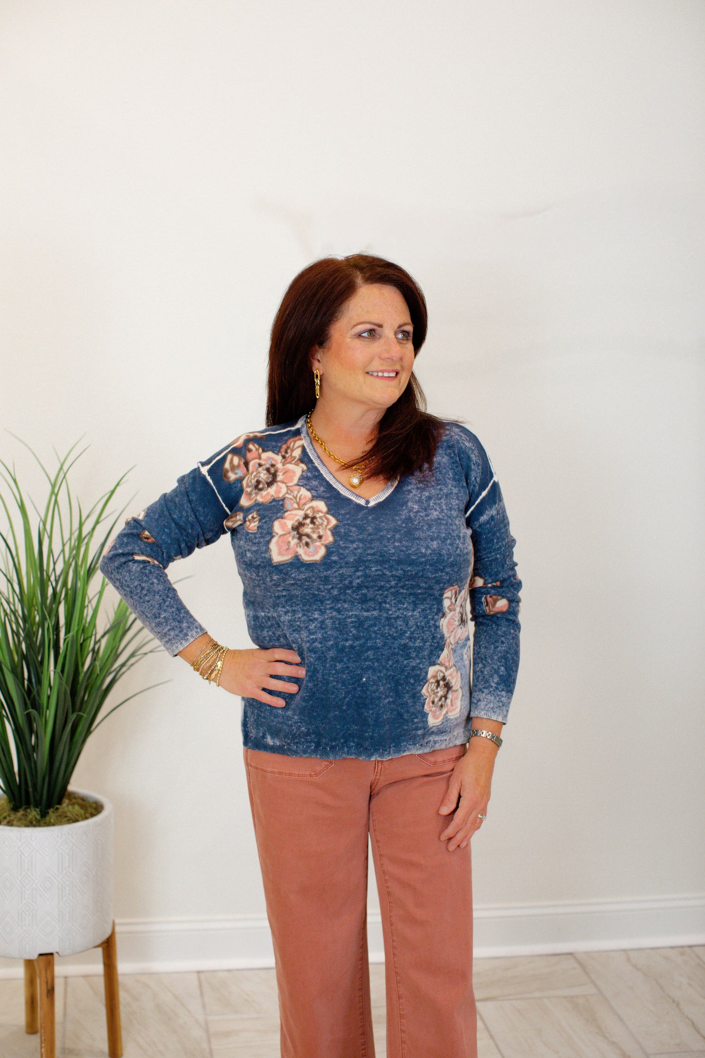 Reversible V - Neck Sweater With Floral Placement Print