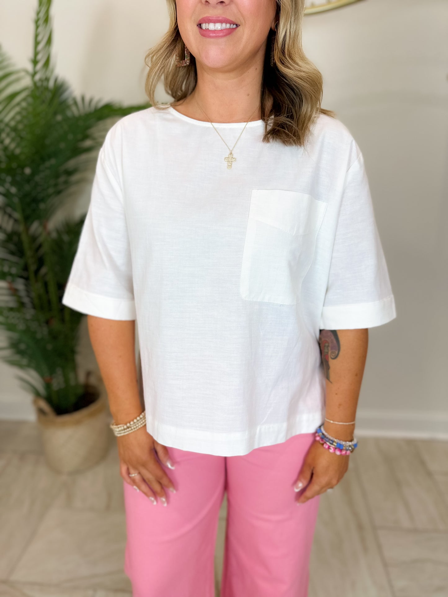 Round Neck Half Sleeve Top Featuring Chest Pocket