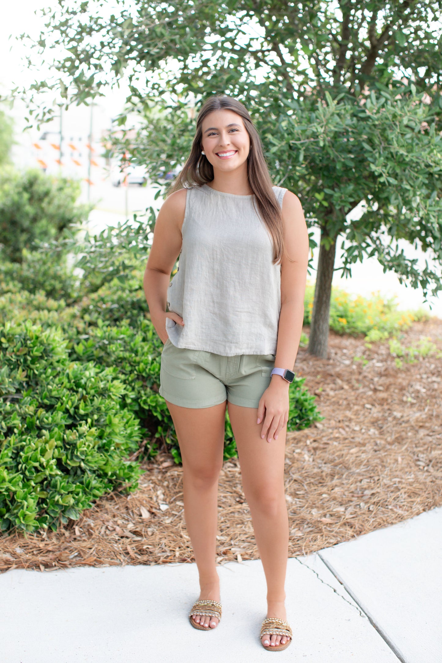 Natural Sleeveless Linen Top With Side Buttons
