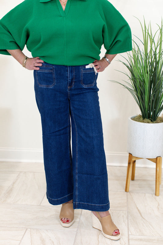 Stretch Denim Cropped Flare Leg Patch Pocket Pant