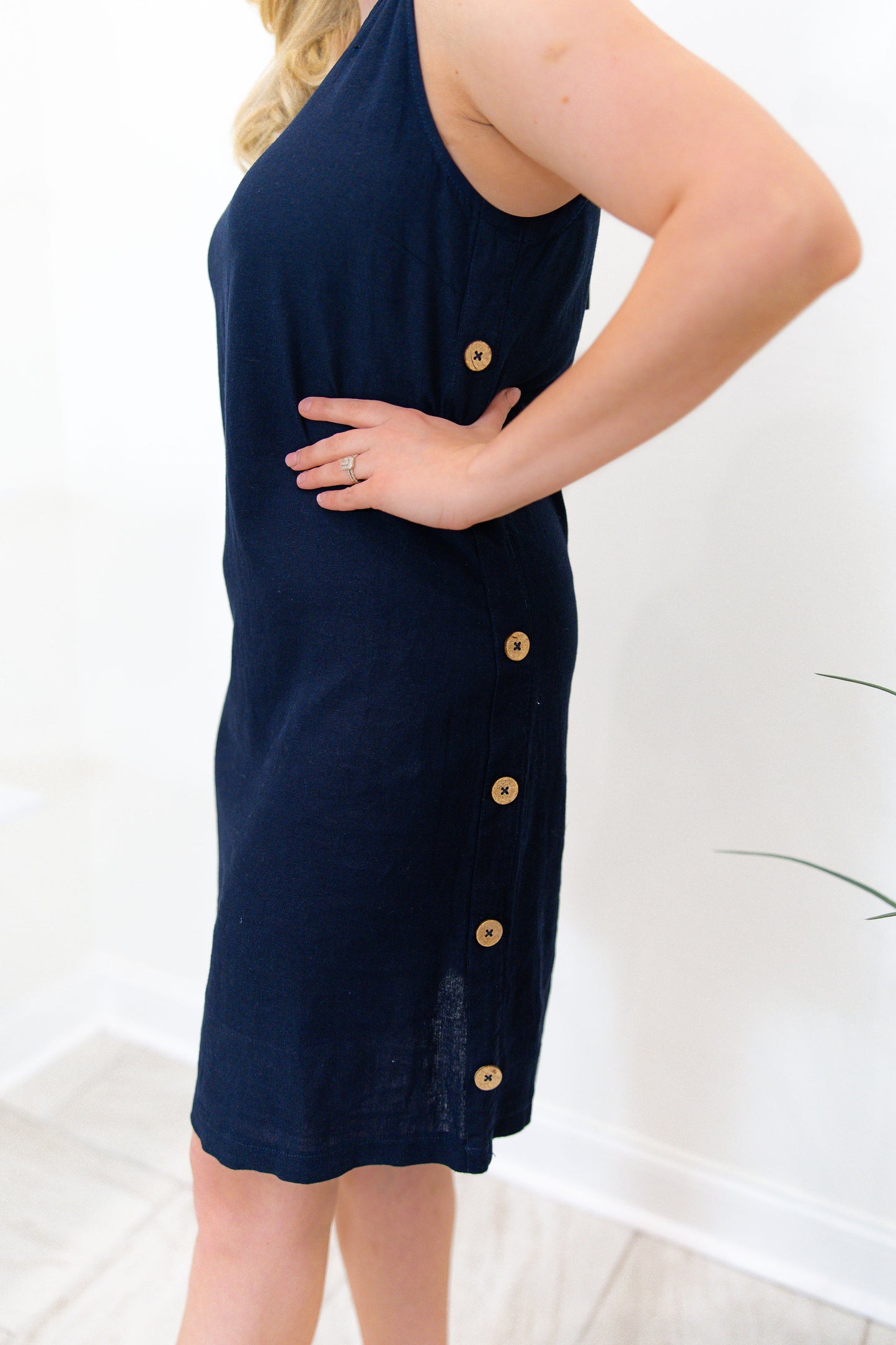 Sleeveless Navy Dress With Side Buttons