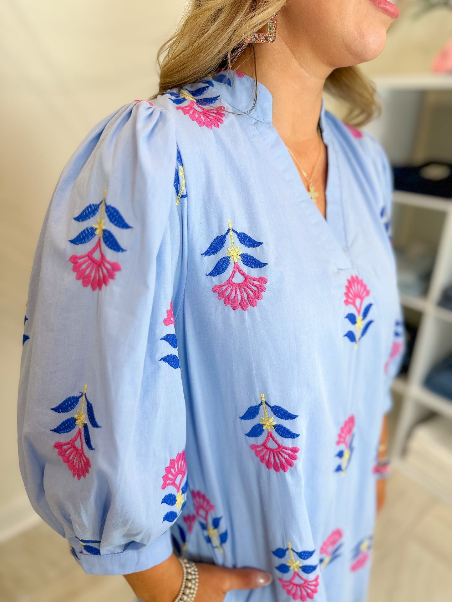 Embroidered 3/4 Puff Sleeve Mini Dress Featuring Split V-neck Band Collar