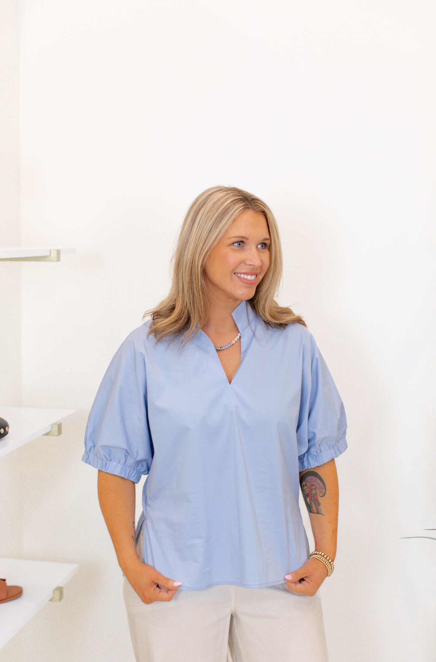 Solid Puff Sleeve Top Featuring V-Neck With Standing Collar  - Blue