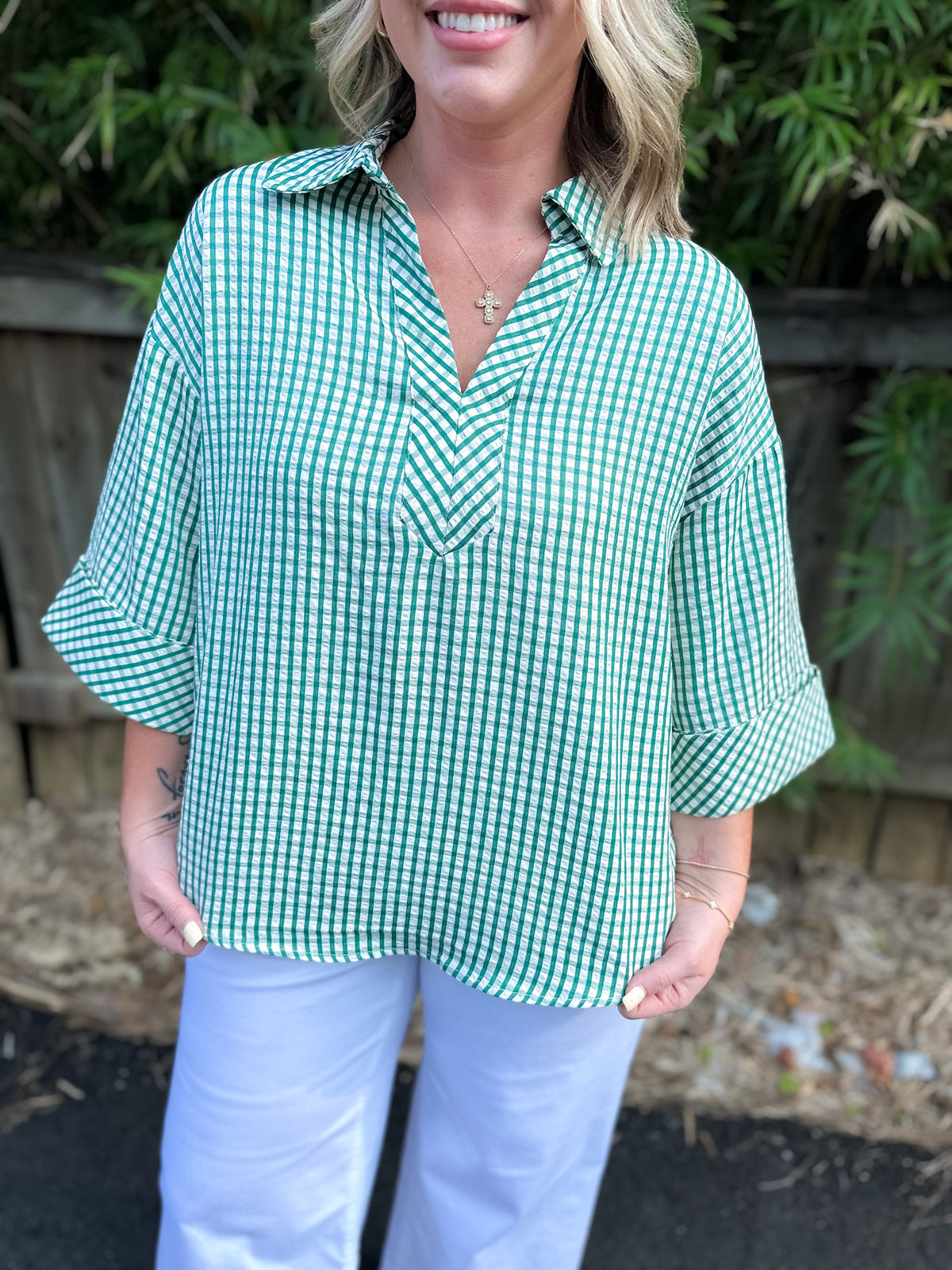 Green Gingham 3/4 Sleeve Top With V-Neck Collar
