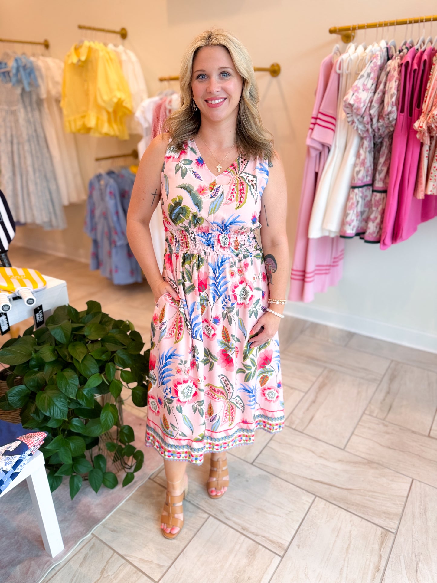 Printed Dress With Smocking At Waist