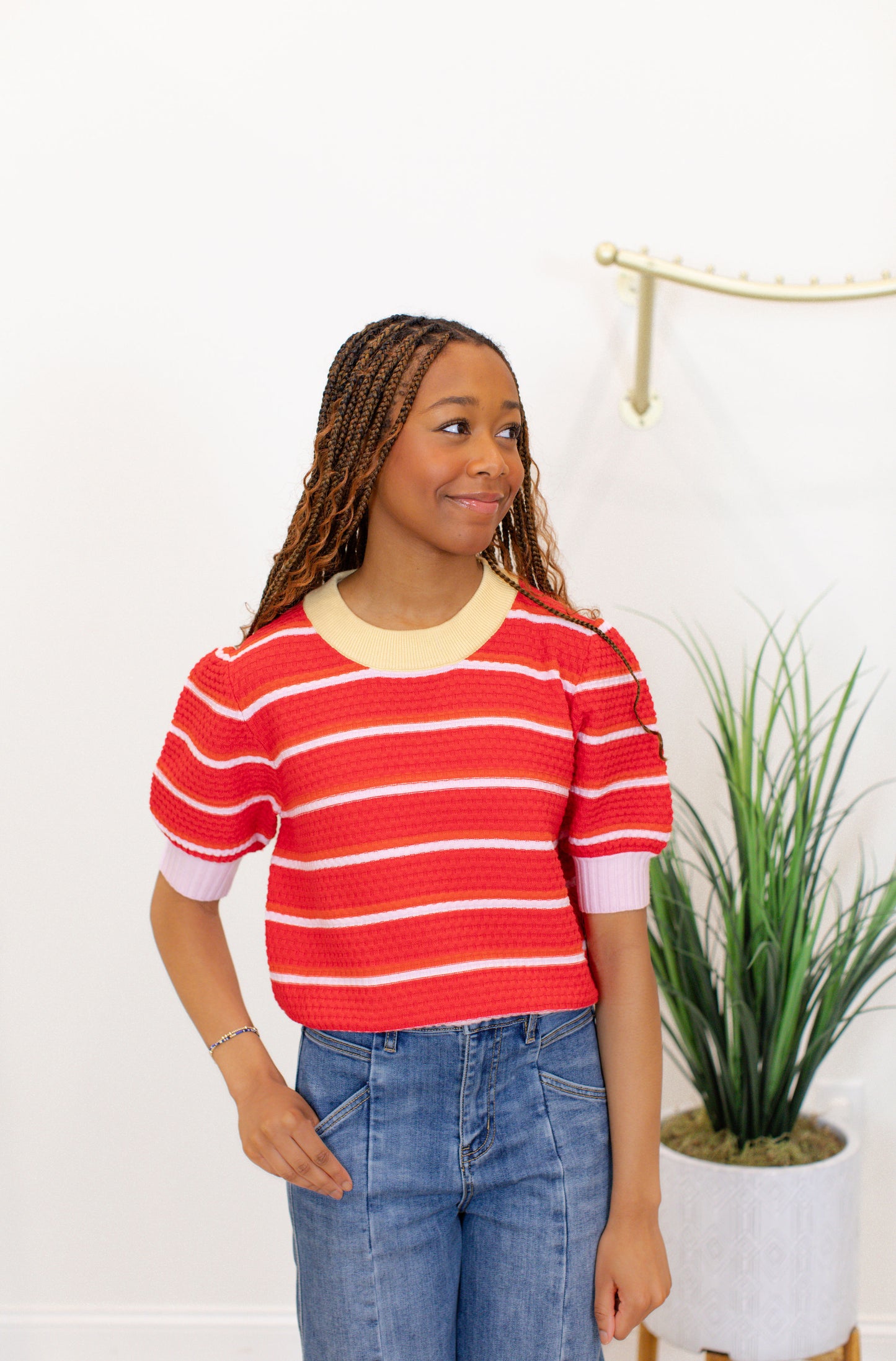 Stripe Colorblock Trim Half Sleeve Sweater Top