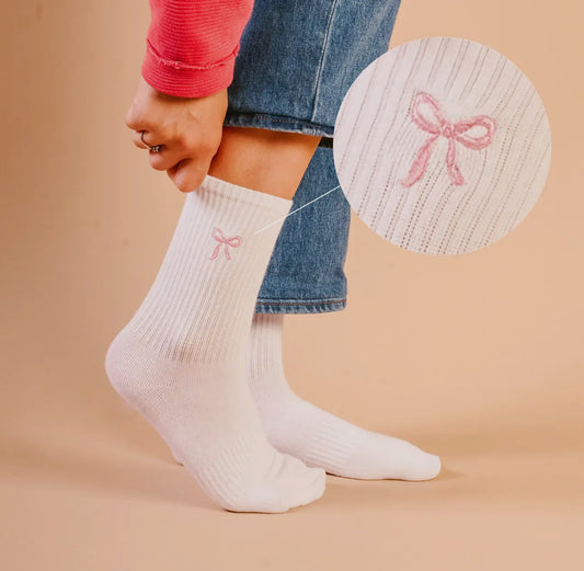 Embroidered Pink Bow Crew Socks